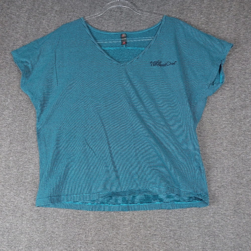 DISTRICT MADE WOMENS BLUE STRIPED PAMPERED CHEF EMBROIDERED VNECK TSHIRT XL